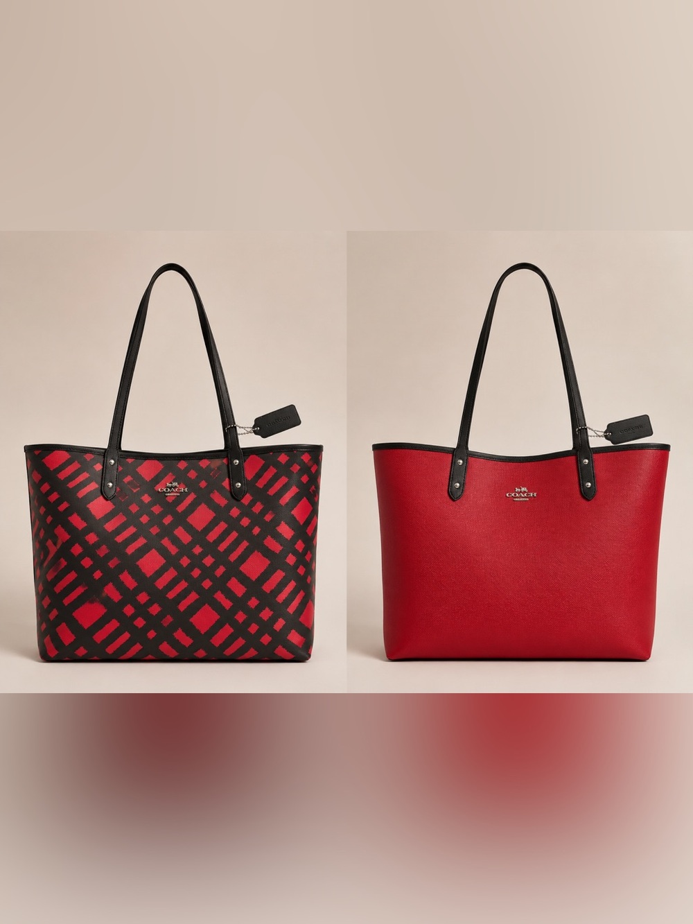 Coach reversible City Tote in a red and black wild plaid